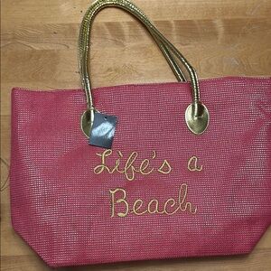 Gold-Accent Pink Beach Tote Bag - Life's a Beach